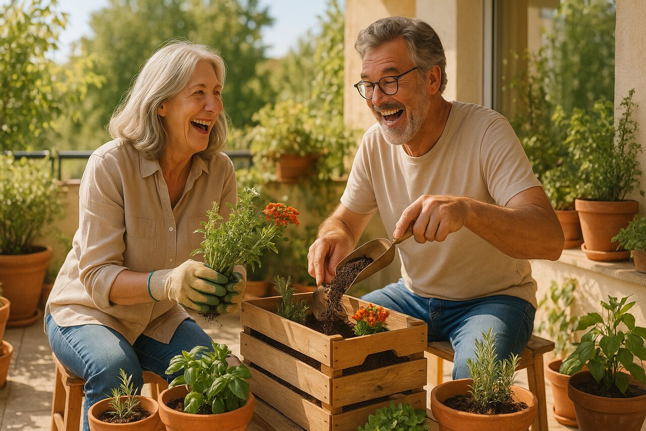 Aktywna para seniorów sadzi zioła i kwiaty w odnowionych drewnianych skrzynkach na słonecznym balkonie.