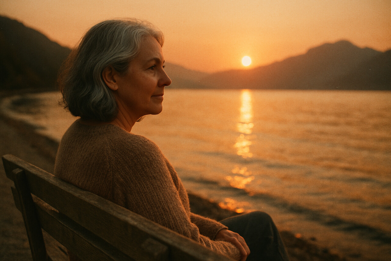 Zamyślona kobieta po 60-tce siedzi na ławce nad jeziorem o zachodzie słońca. Obraz ilustruje spokój, refleksję i poszukiwanie sensu w dojrzałym wieku.