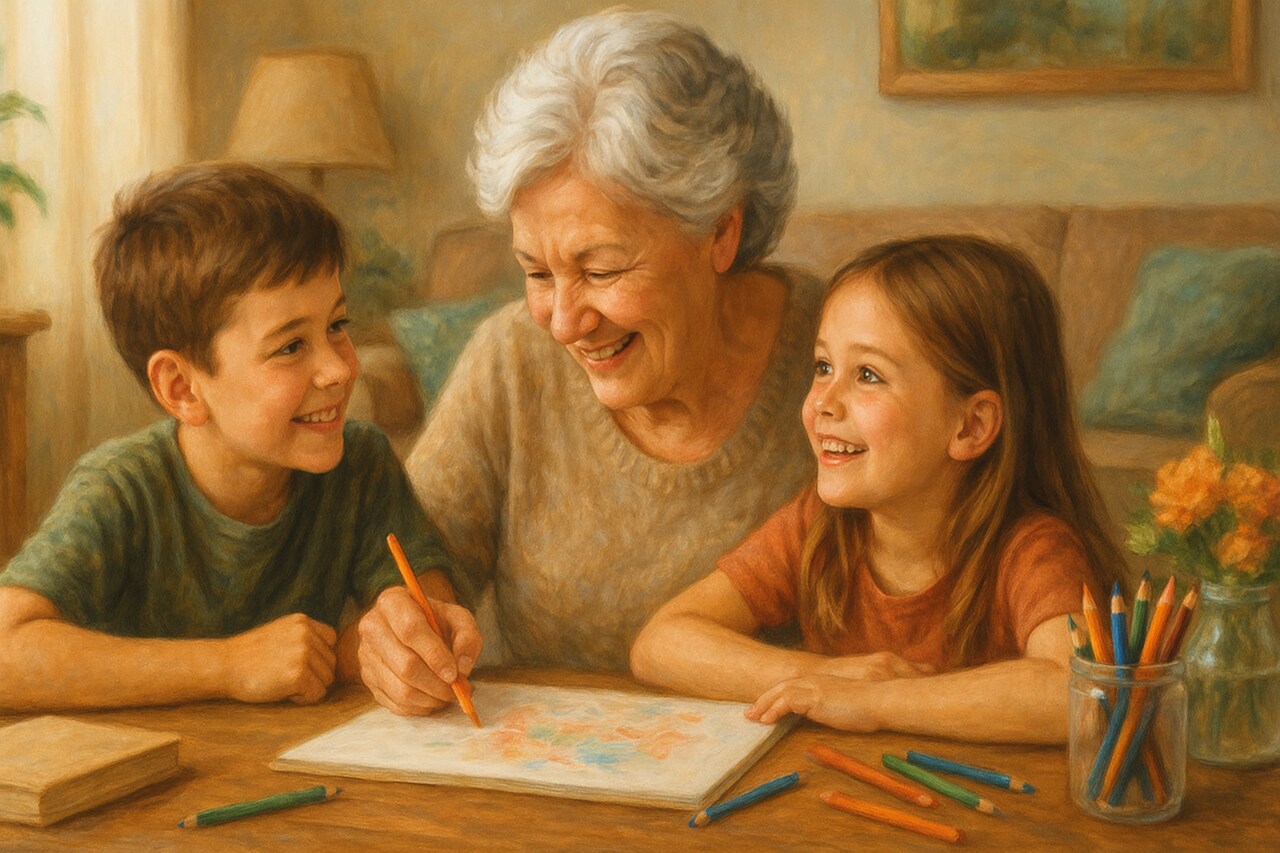 Dziadek/babka z wnukami - wspólna aktywność, ciepła rodzinna atmosfera