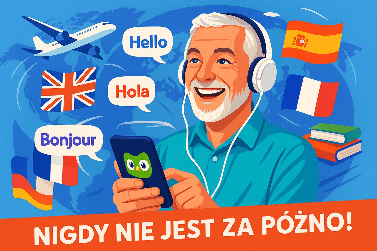 Osoba po 50-tce uczy się języka obcego - laptop, słuchawki, flagi, mapa świata