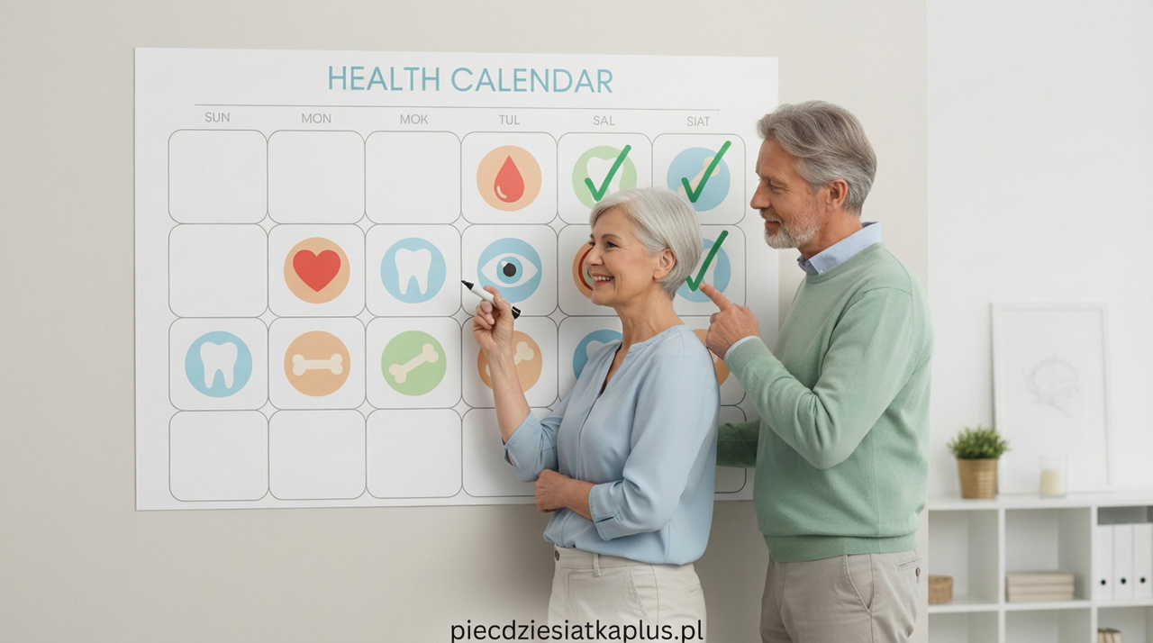 Kalendarz badań profilaktycznych dla seniorów: uśmiechnięta para planująca wizyty lekarskie.
