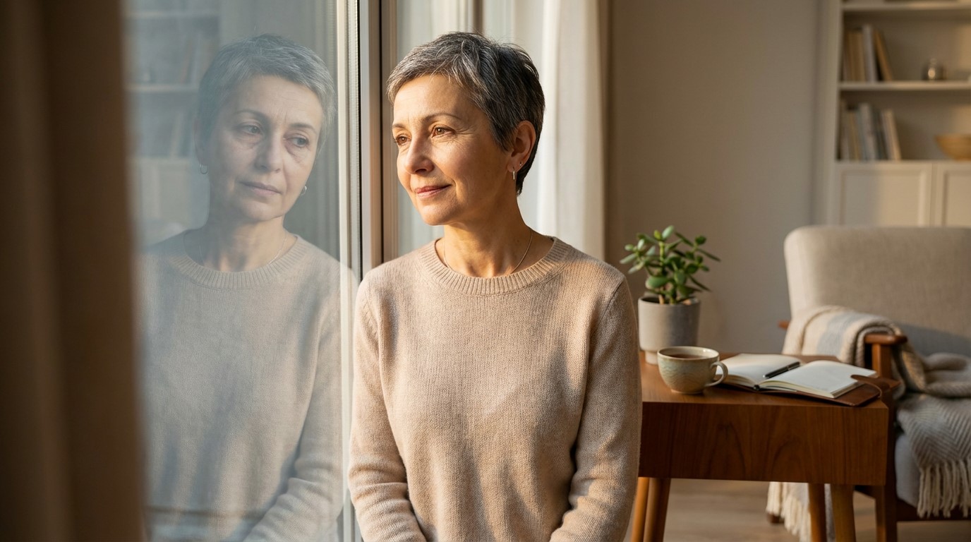 Kobieta w wieku 50+ patrząca z nadzieją przez okno w słonecznym salonie, mimo zmęczonego odbicia w szybie – symbol walki z depresją i odzyskiwania równowagi psychicznej.