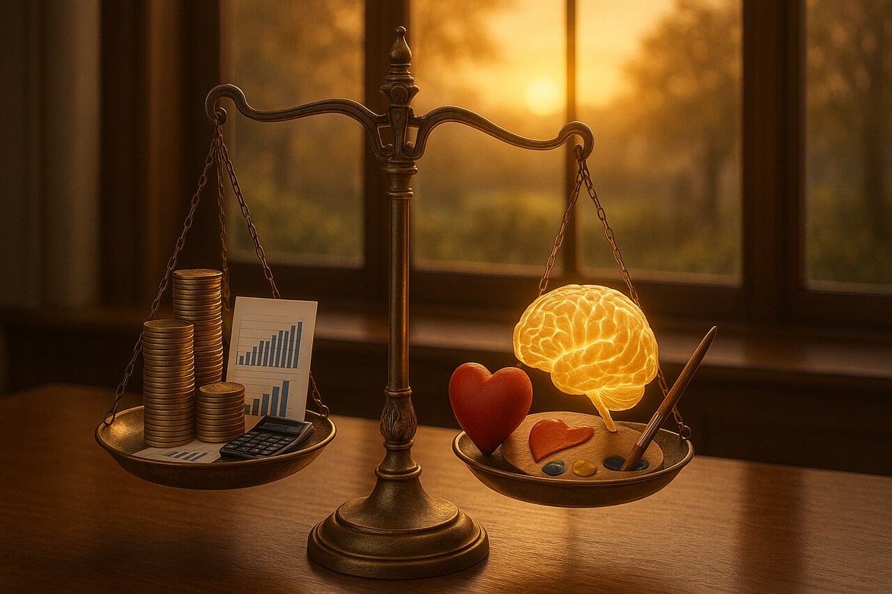 Waga szalkowa pokazująca idealną równowagę między oszczędnościami finansowymi a zdrowiem psychicznym i pasjami na emeryturze.