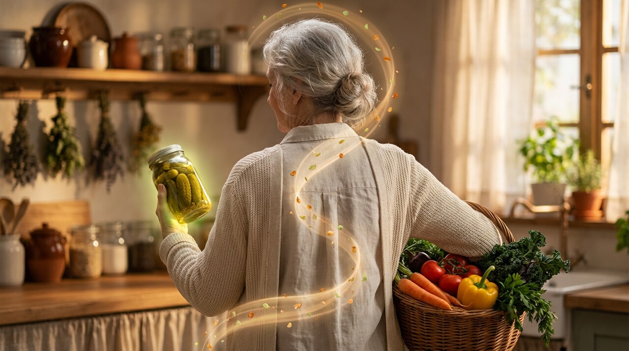 Oś jelitowo-mózgowa u seniora: zdrowa dieta, kiszonki i warzywa wpływające na dobre samopoczucie i odporność.