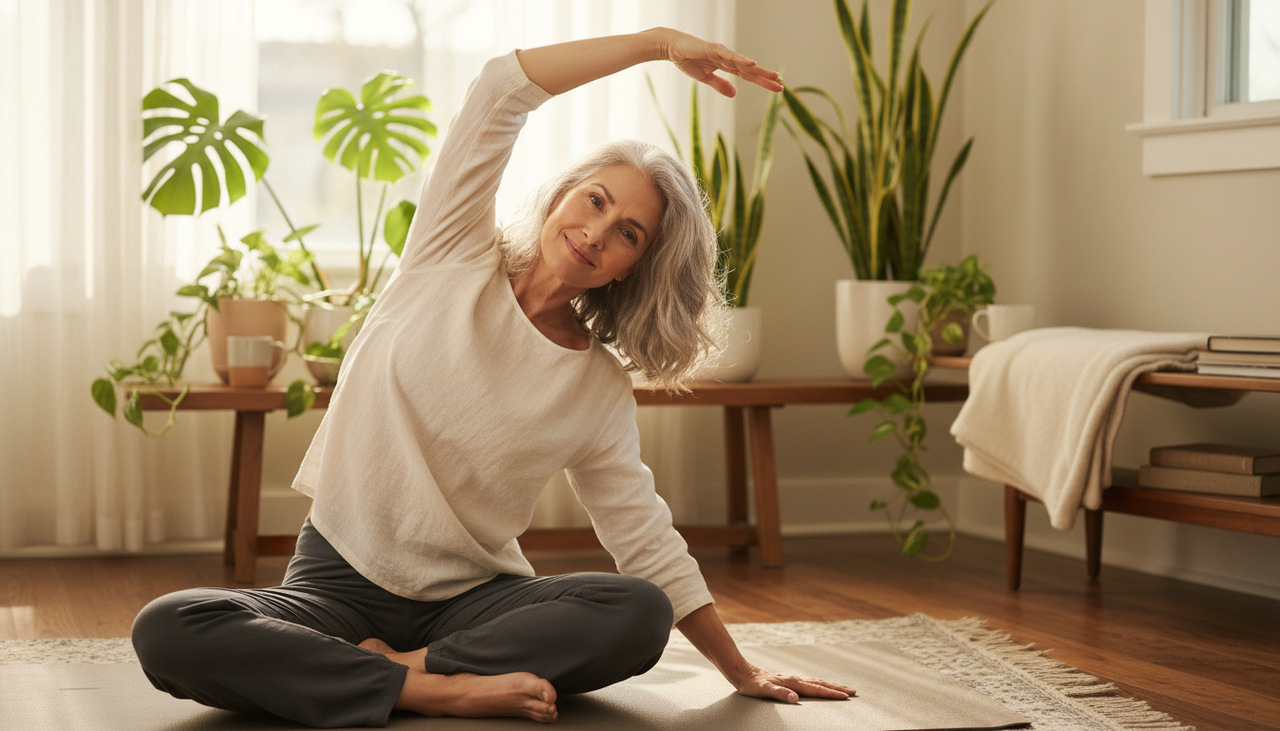 Uśmiechnięta kobieta po 50-tce wykonuje łagodne ćwiczenia rozciągające na macie w jasnym salonie, dbając o zdrowy kręgosłup.
