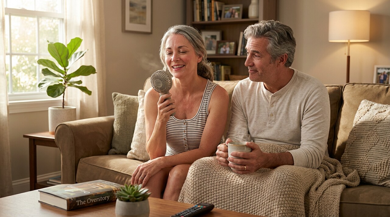 Para 50+ na kanapie: kobieta z wiatraczkiem odczuwająca uderzenia gorąca, mężczyzna pod kocem – humorystyczne ujęcie menopauzy i andropauzy.