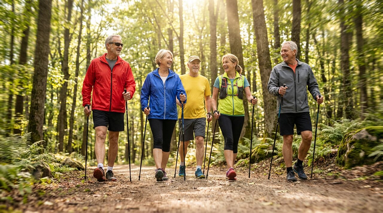 Grupa uśmiechniętych seniorów maszerująca z kijkami Nordic Walking w słonecznym lesie – aktywność fizyczna po 50-tce