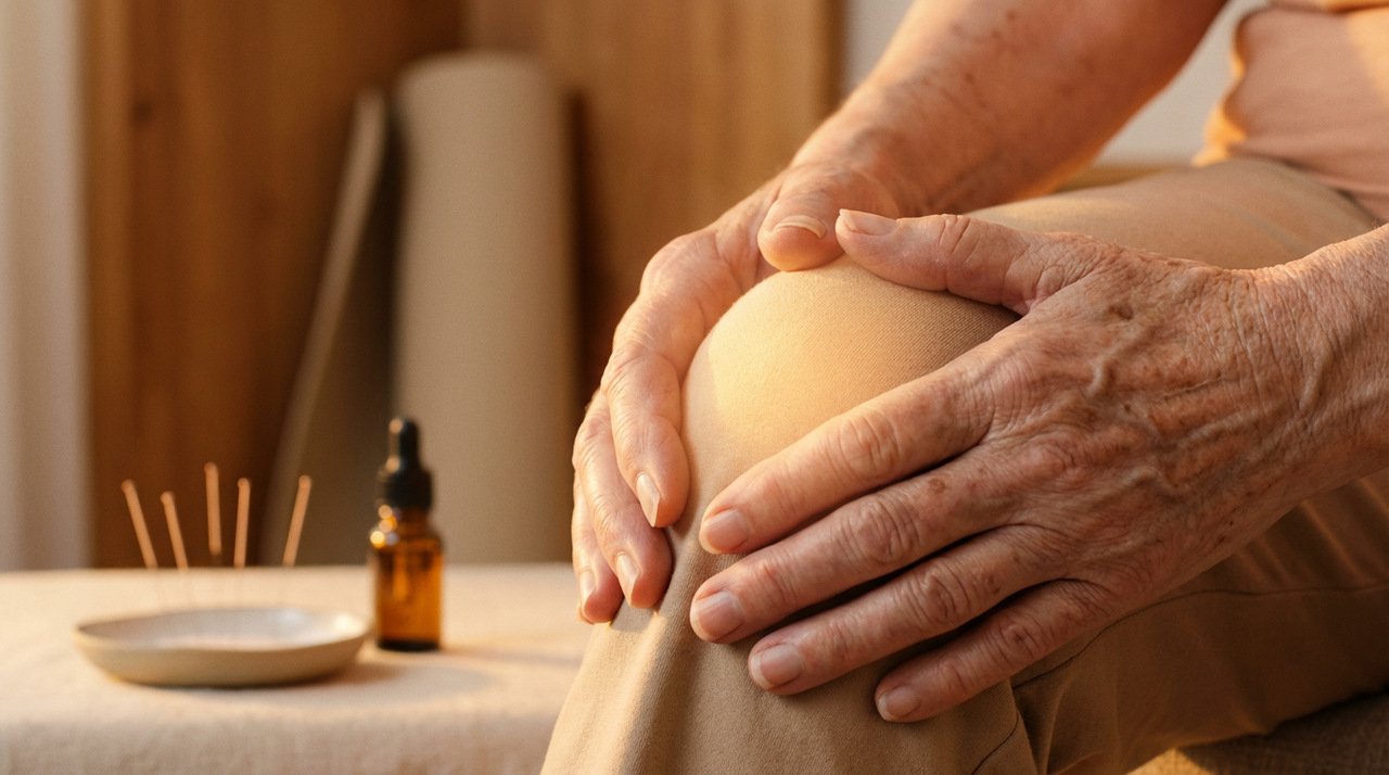 Terapie alternatywne w leczeniu bólu: senior stosujący ciepło i naturalne metody łagodzenia dolegliwości stawów.