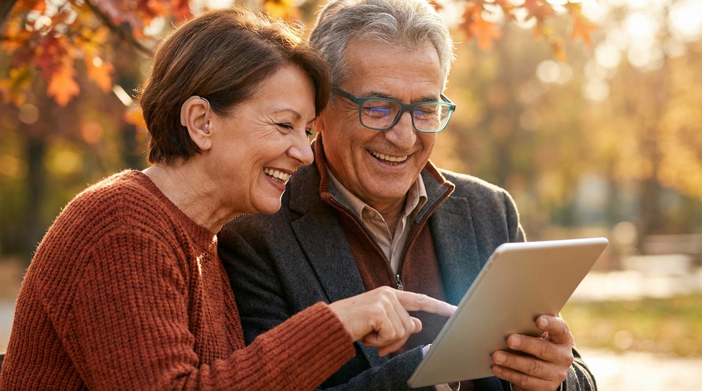Uśmiechnięta para seniorów w parku: mężczyzna w modnych okularach i kobieta z dyskretnym aparatem słuchowym korzystają z tabletu.