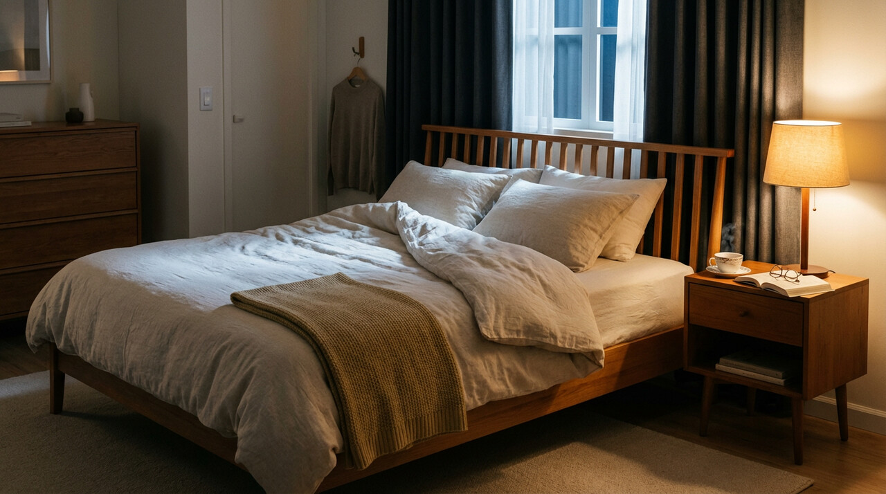 Przytulna sypialnia seniora przygotowana do snu: ciepłe oświetlenie, kubek herbaty rumiankowej i książka na szafce nocnej.