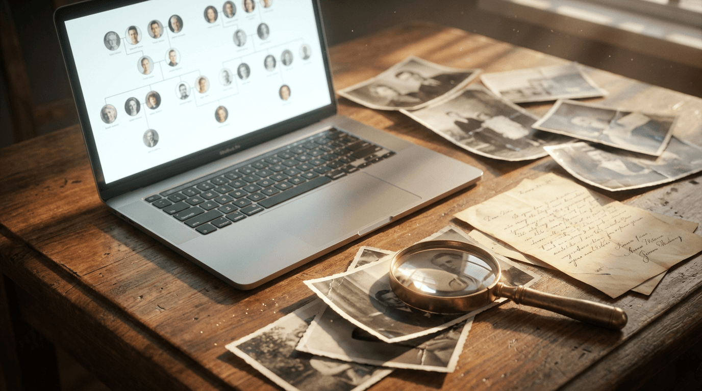 Badania genealogiczne w domu – laptop z drzewem genealogicznym i stare zdjęcia rodzinne na biurku.