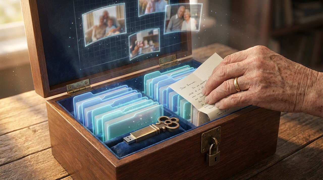 Cyfrowe dziedzictwo – drewniana szkatułka z cyfrowymi wspomnieniami, zdjęciami i hasłami przekazywana pokoleniom.