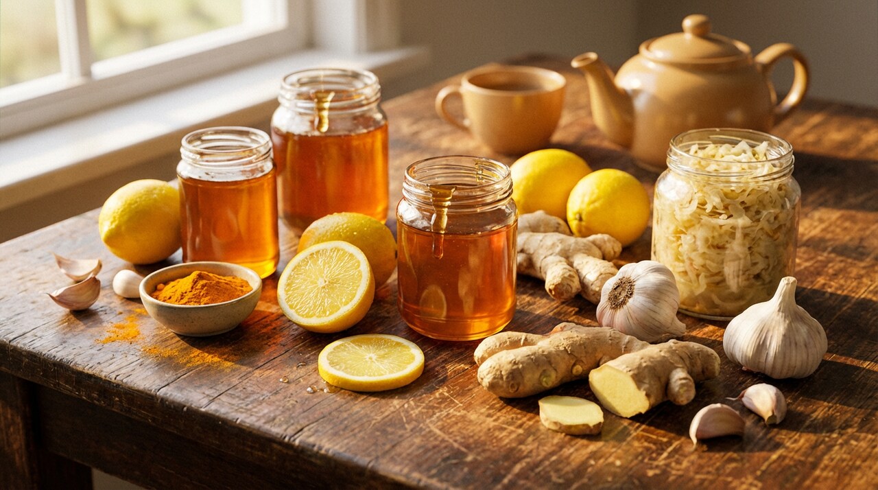 Rustykalny drewniany stół zastawiony naturalnymi sposobami na odporność, w tym: otwarte słoiki z miodem, pokrojona cytryna, korzeń imbiru, główki czosnku, kurkuma w miseczce oraz słój kiszonej kapusty. W tle dzbanek z herbatą.