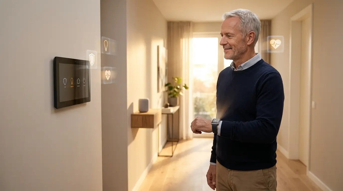 Senior w inteligentnym domu korzystający z panelu sterowania i smartwatcha – bezpieczeństwo dzięki technologii Smart Home.