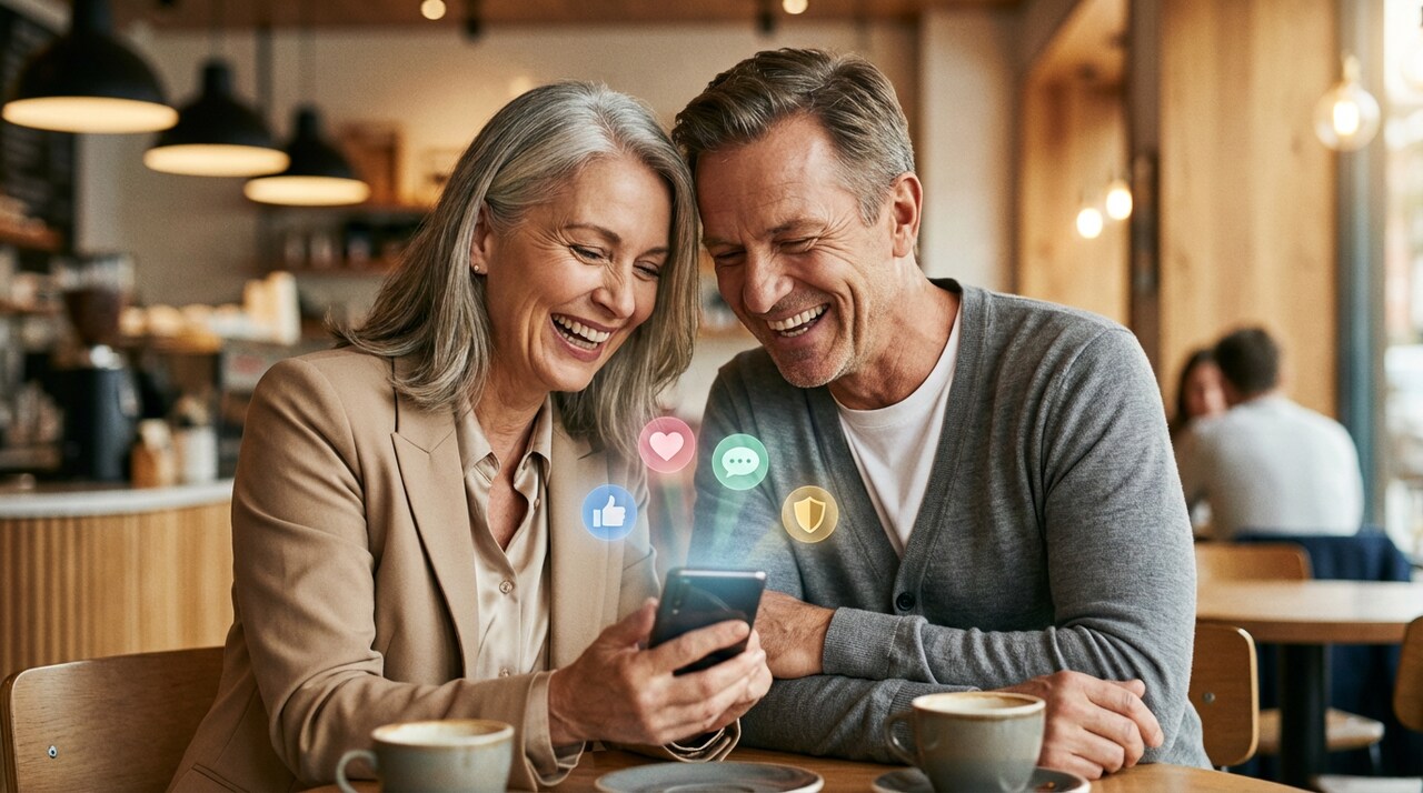 Uśmiechnięci 50-latkowie korzystający bezpiecznie z mediów społecznościowych w kawiarni – Facebook, Instagram i TikTok dla seniorów.