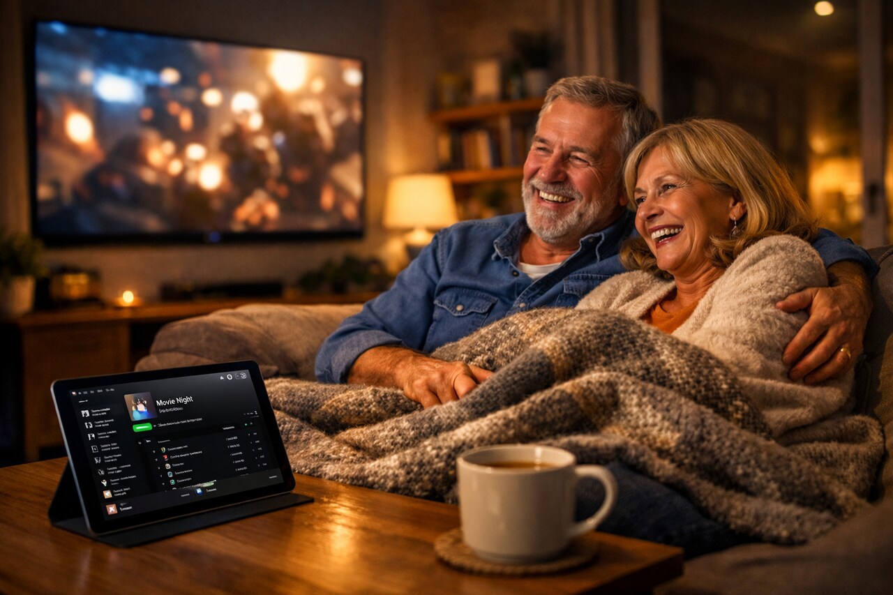 Para seniorów relaksująca się przy filmie na Netflixie – domowa rozrywka i streaming po 50-tce.