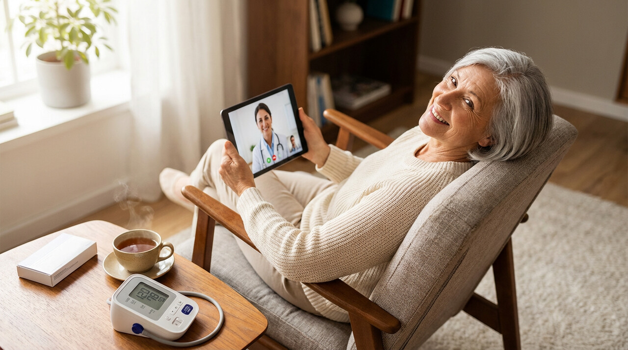 Seniorka podczas konsultacji lekarskiej online w domu – wygoda telemedycyny i e-recepty.
