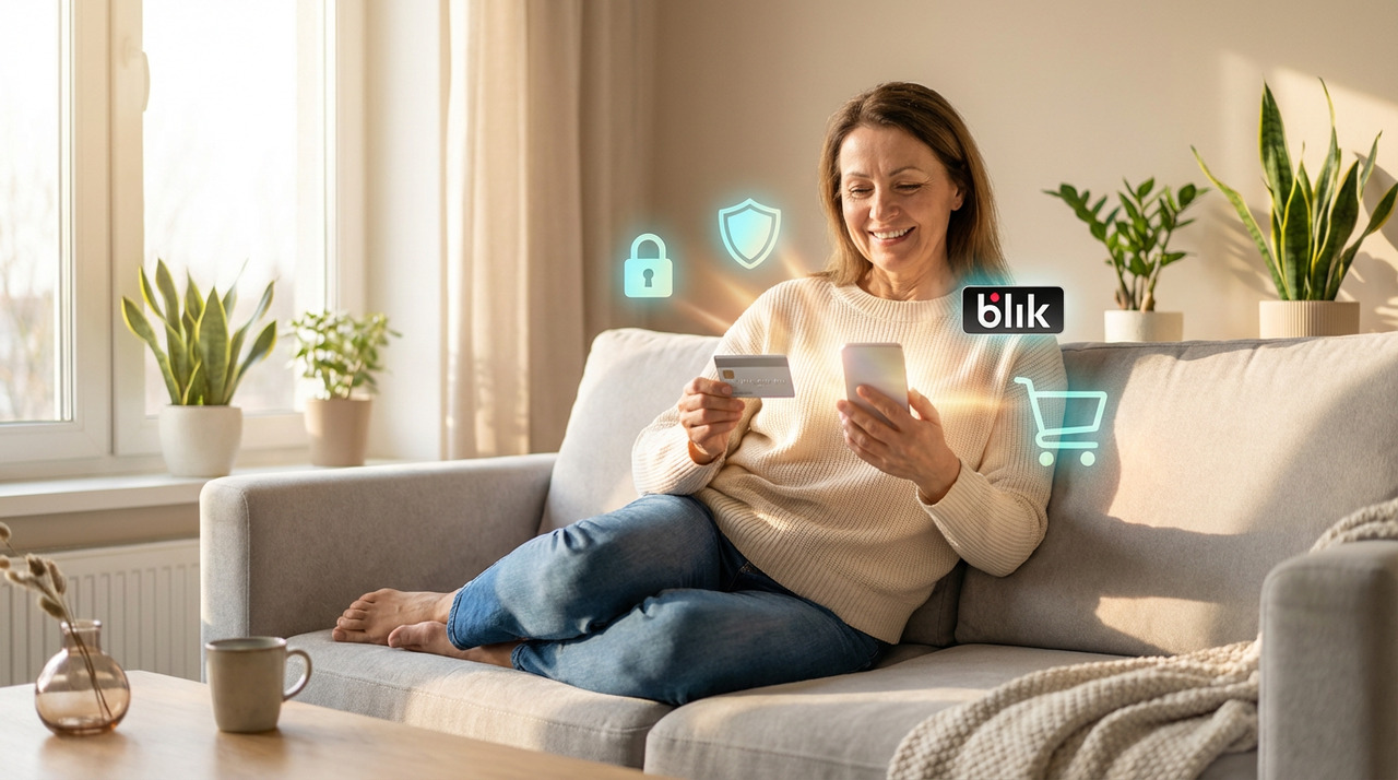 Kobieta 50+ robiąca bezpieczne zakupy online na smartfonie – bankowość mobilna i e-commerce