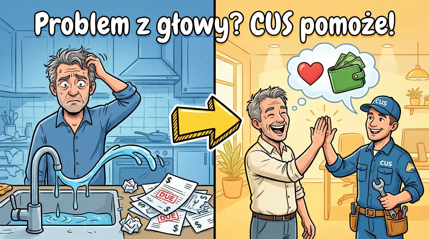 Ilustracja przedstawiająca uśmiechniętego, siwego mężczyznę w średnim wieku (symbolizującego seniora), trzymającego w jednej ręce lupę, a w drugiej plik banknotów. W tle, obok siebie, dwa budynki: jeden nowoczesny z napisem „CUS” i drugi, starszy, z napisem „MOPS”, sugerujący transformację. Grafika utrzymana jest w jasnej, optymistycznej kolorystyce, podkreślającej korzyści i zmiany dla seniorów.