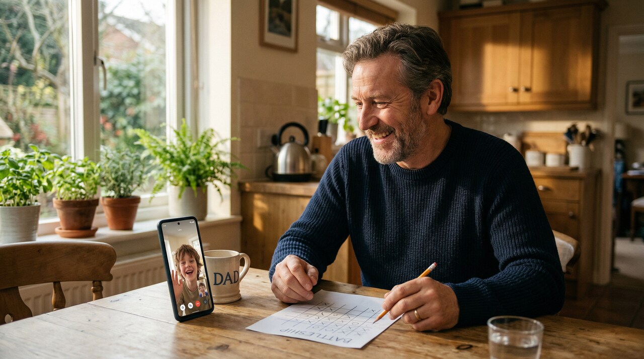 Dziadek uśmiecha się do smartfona, grając z wnukiem w gry na kartce papieru podczas wideorozmowy