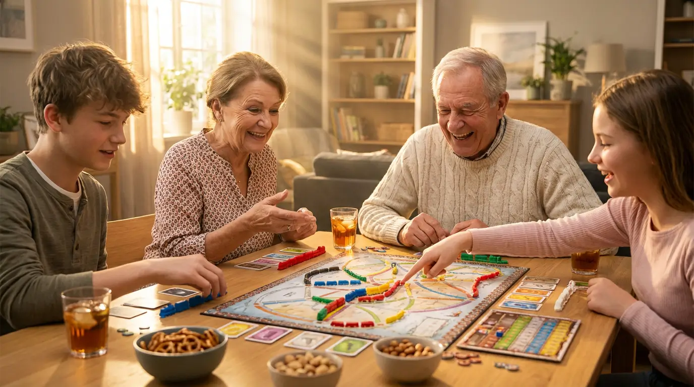 Dziadkowie grający w gry planszowe z wnukami – integracja międzypokoleniowa i trening umysłu