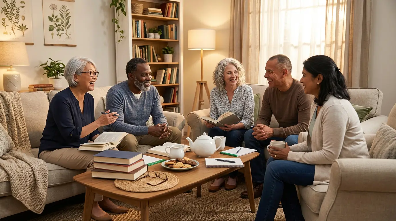 Grupa seniorów podczas spotkania klubu książki – dyskusja, kawa i radość z czytania.