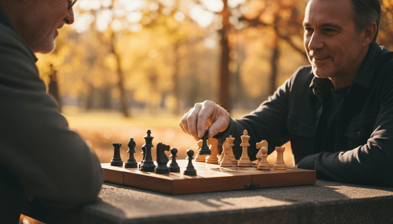 Seniorzy grający w szachy w parku – trening mózgu i profilaktyka demencji.