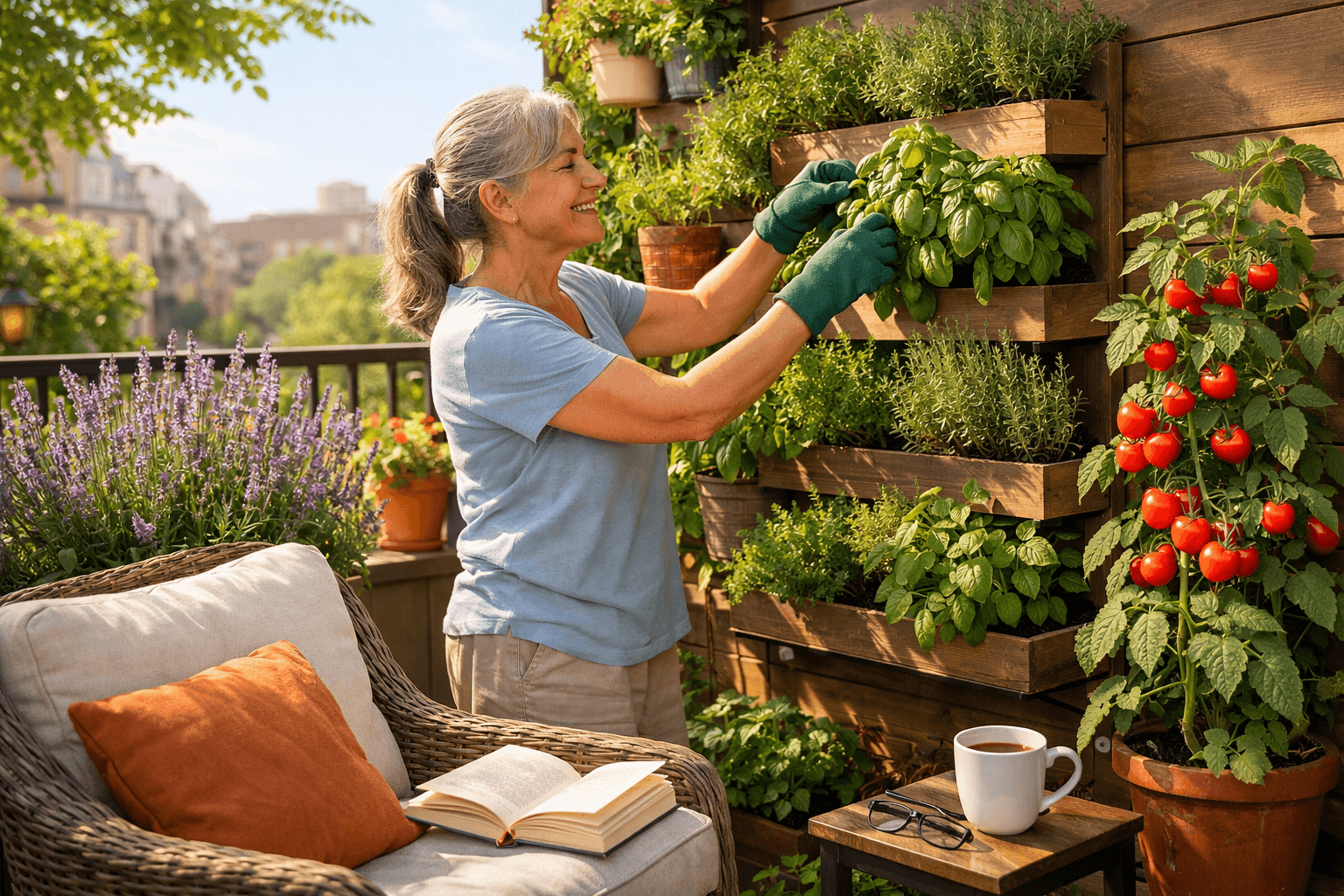 Kobieta 50+ pielęgnująca zioła na balkonie – hortiterapia i relaks wśród roślin.
