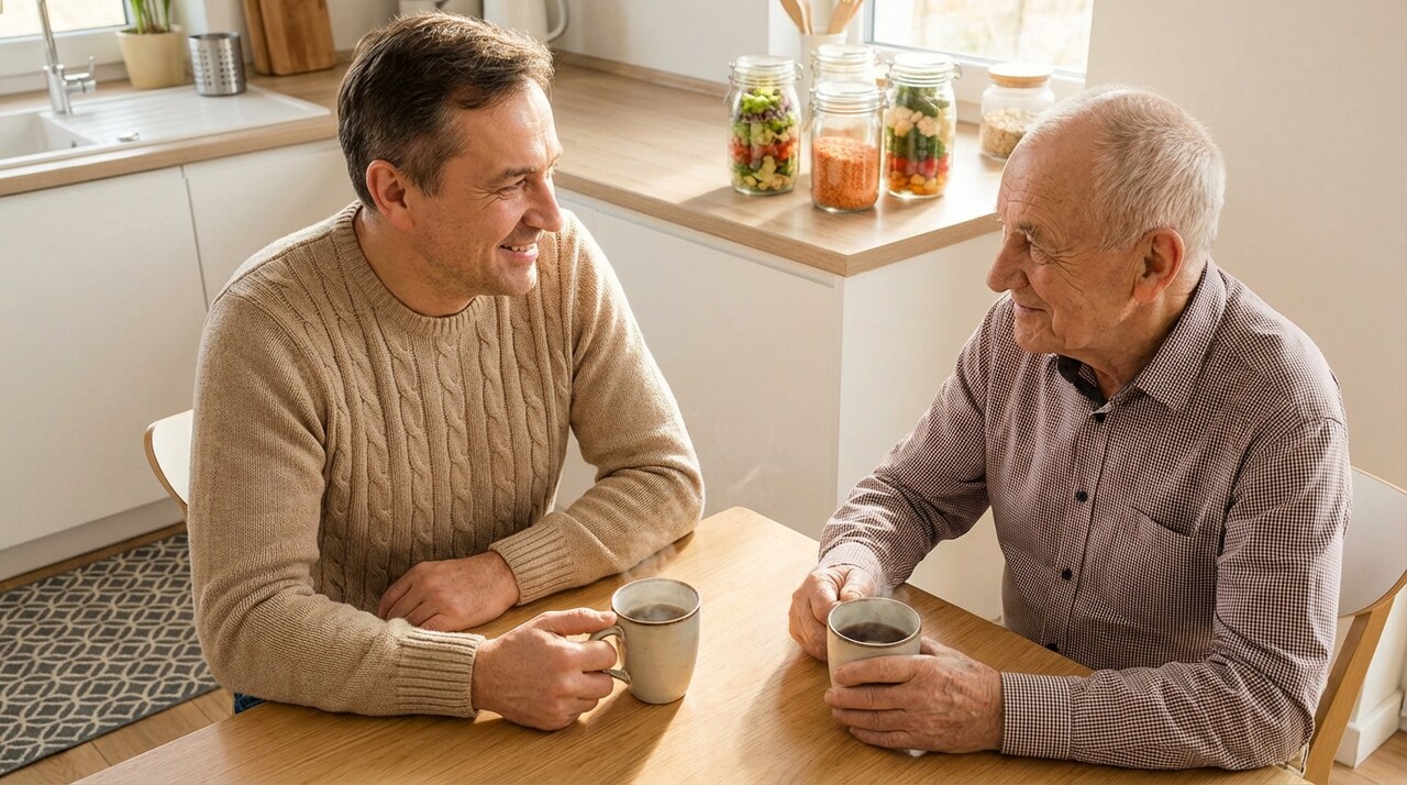 Dojrzały syn pije herbatę i rozmawia z sędziwym ojcem w bezpiecznym, domowym otoczeniu