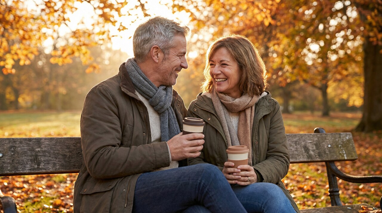 Dwoje aktywnych ludzi po pięćdziesiątce pije kawę w parku, ciesząc się nową, szczerą przyjaźnią