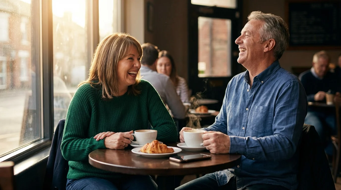 Dojrzała, uśmiechnięta para po pięćdziesiątce pije kawę podczas udanej, bezpiecznej randki z internetu