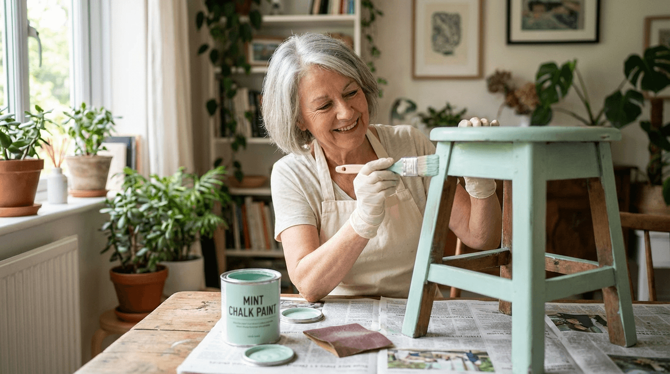 Radosna kobieta 50+ odnawiająca stary taboret farbą kredową w domu – kreatywny upcykling mebli