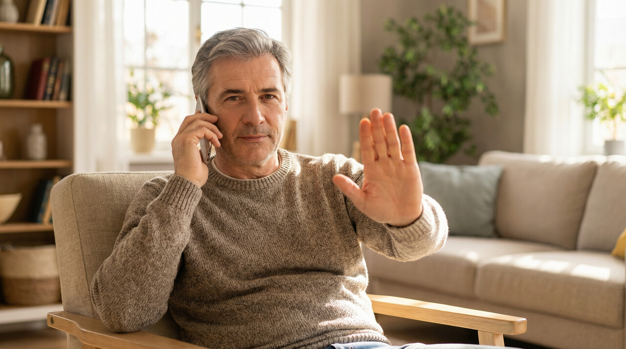 Pewny siebie mężczyzna po pięćdziesiątce spokojnie i asertywnie stawia granice przez telefon.