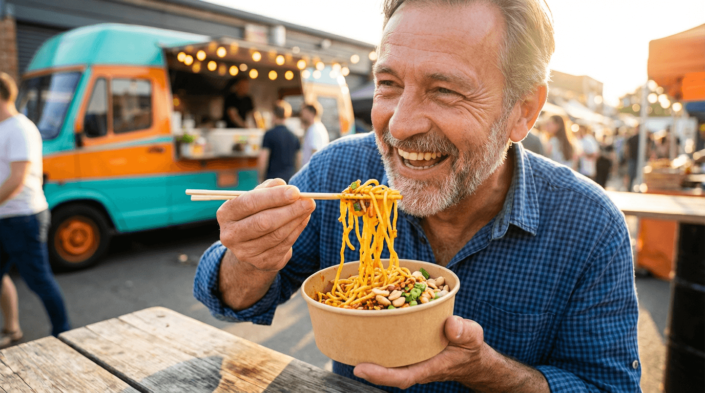 Senior próbujący nowych smaków z lokalnego food trucka – tania turystyka kulinarna w mieście
