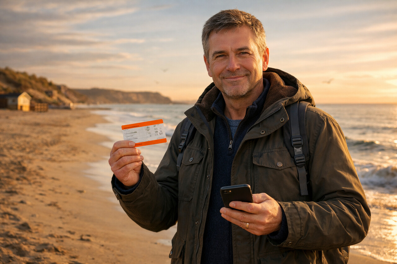 Zadowolony mężczyzna po pięćdziesiątce z biletem w dłoni cieszy się spokojnym wyjazdem na pustą plażę poza sezonem.