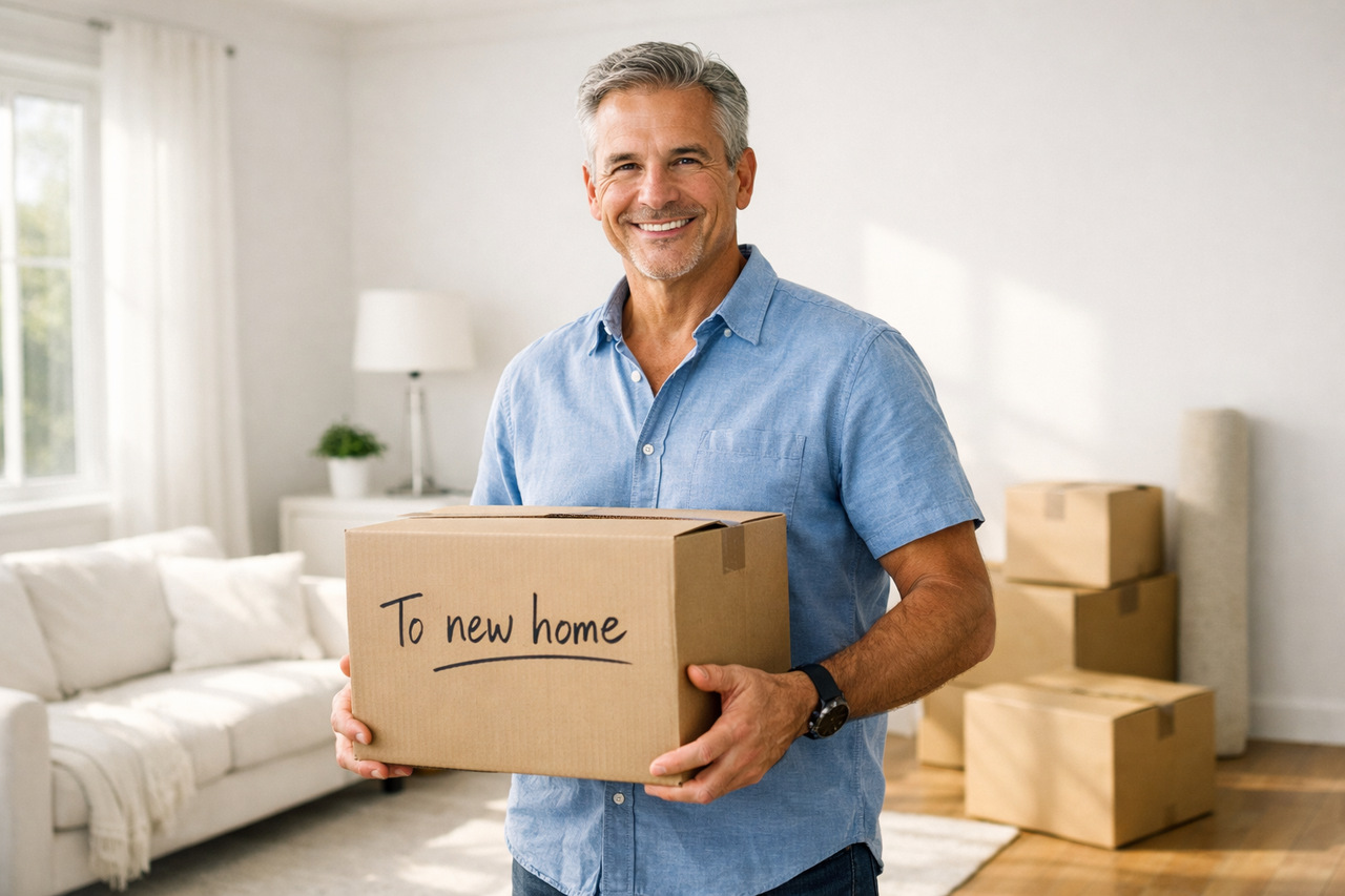 Zorganizowany mężczyzna po pięćdziesiątce pakuje pudła w jasnym, przygotowanym do sprzedaży mieszkaniu, ciesząc się na nowy etap