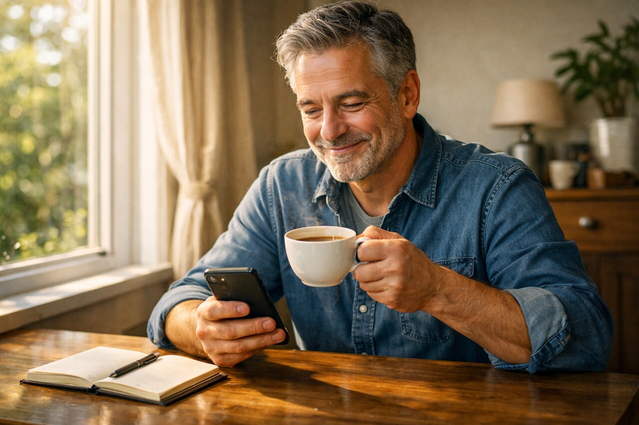 Zadowolony, dojrzały mężczyzna sprawdza dodatkowe pasywne wpływy finansowe na swoim telefonie, pijąc poranną herbatę przy stole.