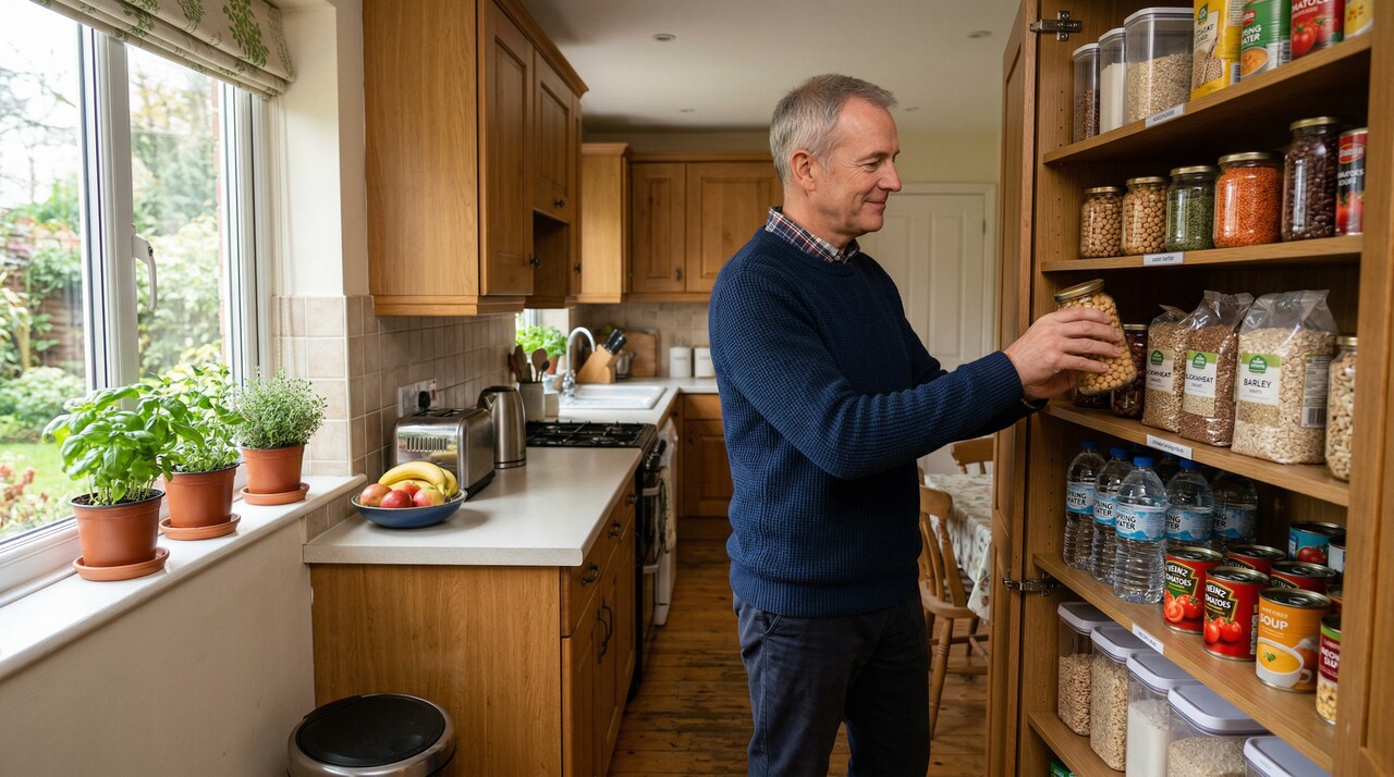 Zorganizowany senior spokojnie układa tanie, roślinne zapasy w domowej spiżarni, dbając o bezpieczeństwo