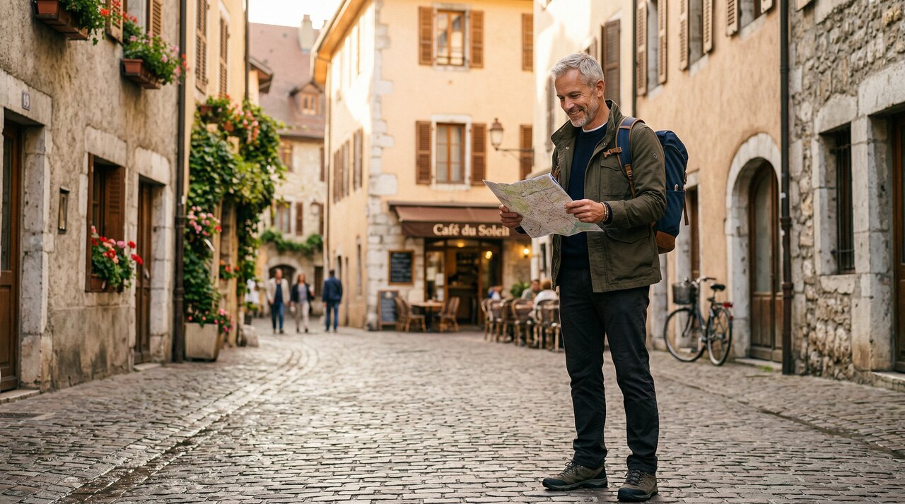 Pewny siebie mężczyzna po pięćdziesiątce z plecakiem rozpoczyna swoją samotną, budżetową podróż.Pewny siebie mężczyzna po pięćdziesiątce z plecakiem rozpoczyna swoją samotną, budżetową podróż.