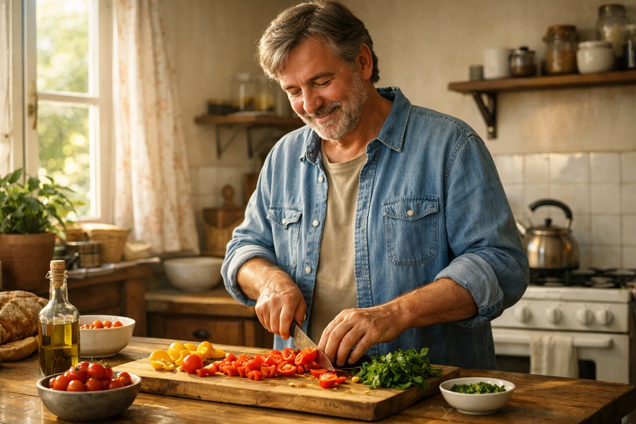 Zrelaksowany mężczyzna po pięćdziesiątce spokojnie kroi warzywa w kuchni, ciesząc się chwilą i powolnym życiem