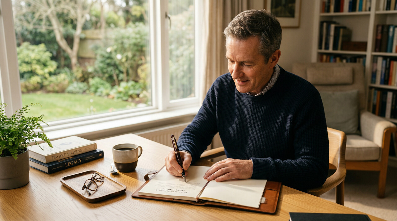 Odpowiedzialny i spokojny senior pisze odręczny dokument przy biurku, zabezpieczając formalności majątkowe.