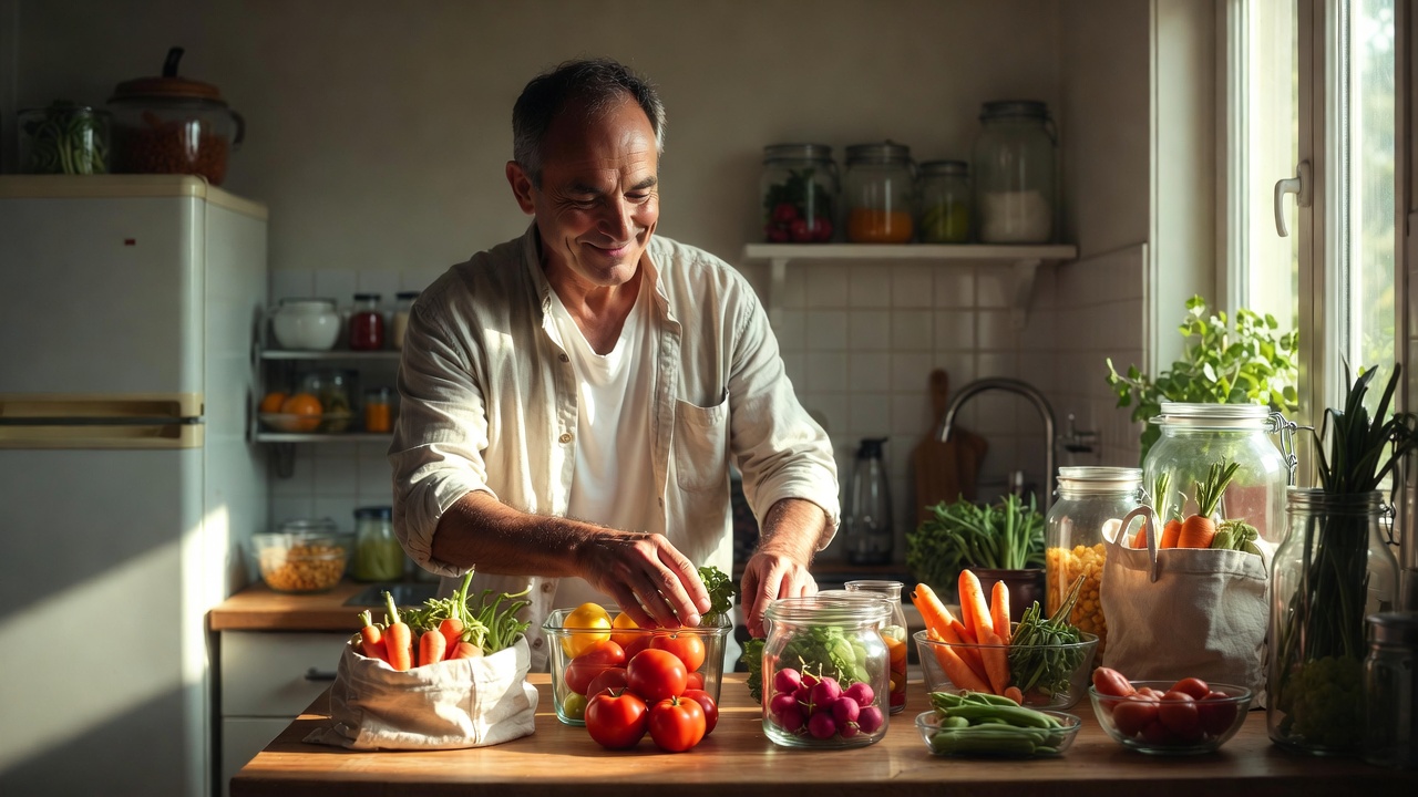 Dojrzały mężczyzna w jasnej kuchni segreguje świeże warzywa do szklanych pojemników, stosując w praktyce zasady zero waste i oszczędzania żywności