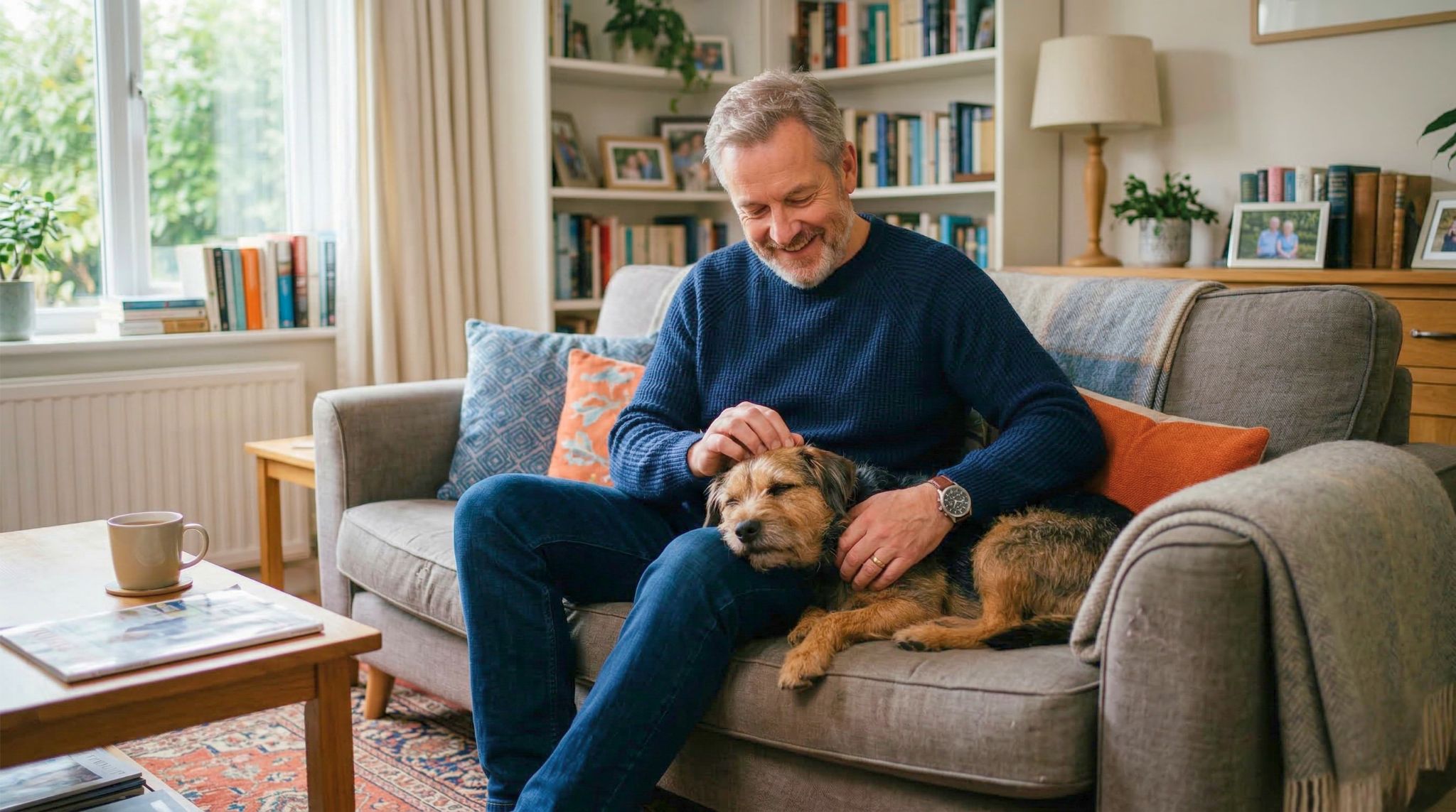 Zadowolony mężczyzna po pięćdziesiątce głaska spokojnego psa na kanapie, ciesząc się terapeutyczną mocą zwierzęcia w domu.