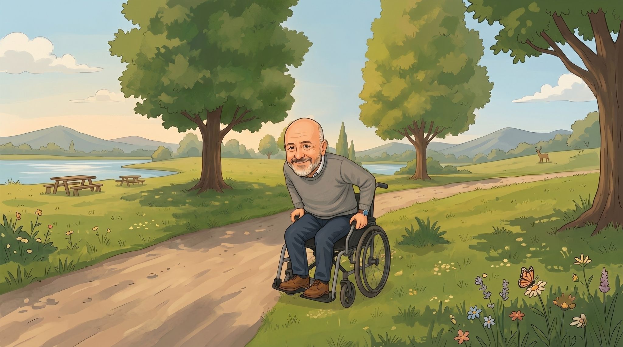 Ilustracja w stylu rysunkowym przedstawiająca uśmiechniętego, dojrzałego mężczyznę z krótką, siwą brodą, siedzącego na wózku inwalidzkim. Mężczyzna jest pochylony do przodu, trzymając ręce na obręczach kół, jakby przygotowywał się do ruchu lub wstania. Ma na sobie szary sweter i niebieskie spodnie. Tło stanowi słoneczny krajobraz z polną ścieżką, zieloną polaną, drzewami oraz jeziorem i górami w oddali.
